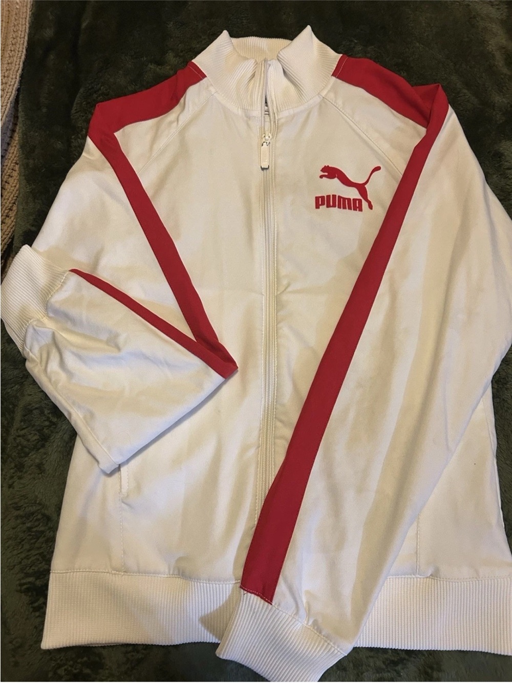 Puma White Zip-Up Jacket with Red Stripe Accents